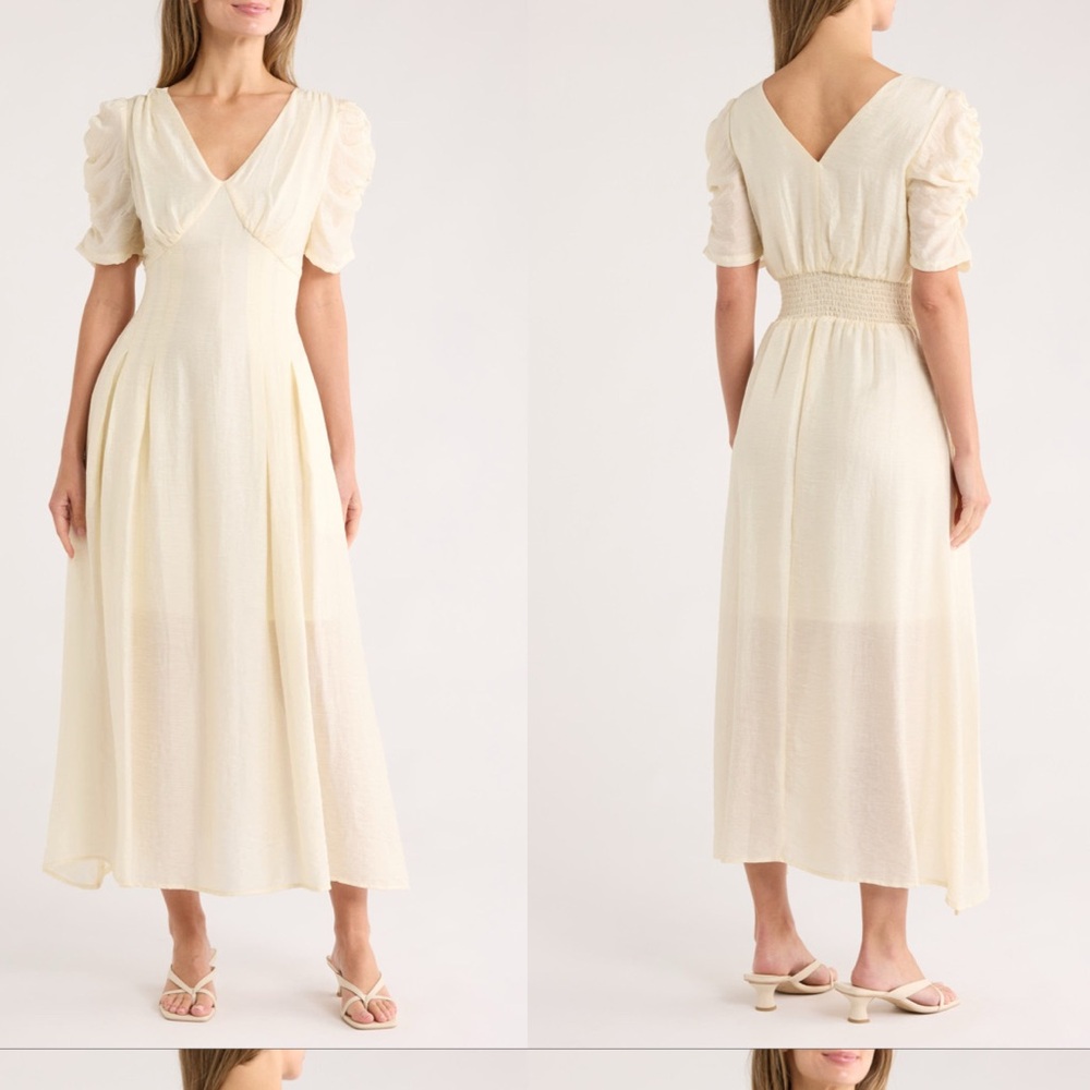 Nordstrom Cream V-Neck Midi Dress with Puff Sleeves